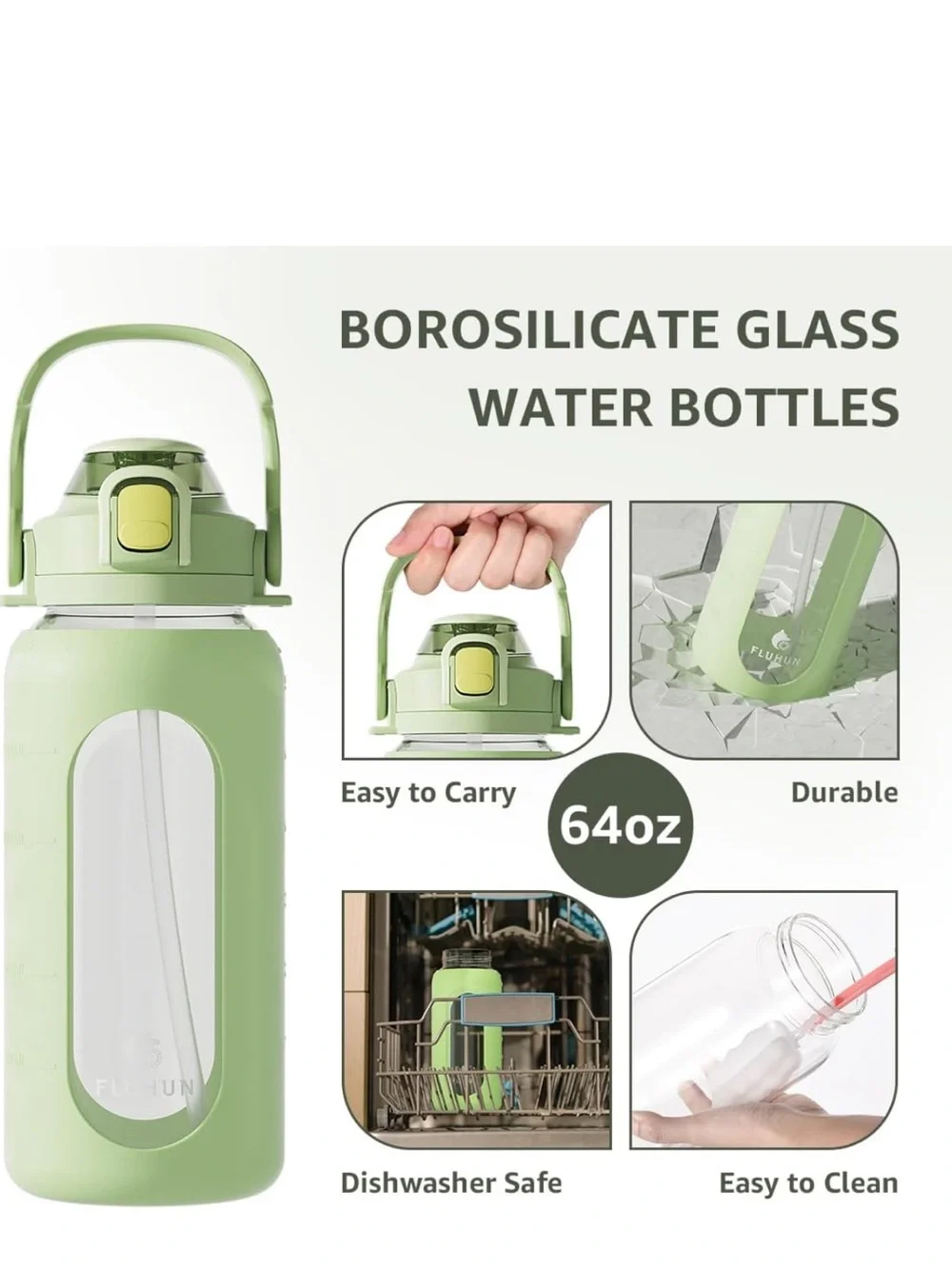 64 fl oz Wide Mouth Glass Water Bottle Green Silicone Sleeve, Flip-Top, Straw